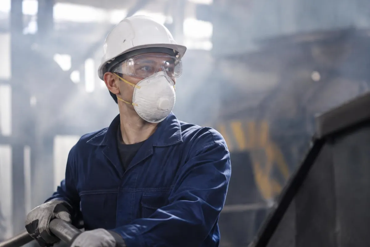Trabalhador com capacete, óculos, máscara e luvas de proteção em ambiente industrial
